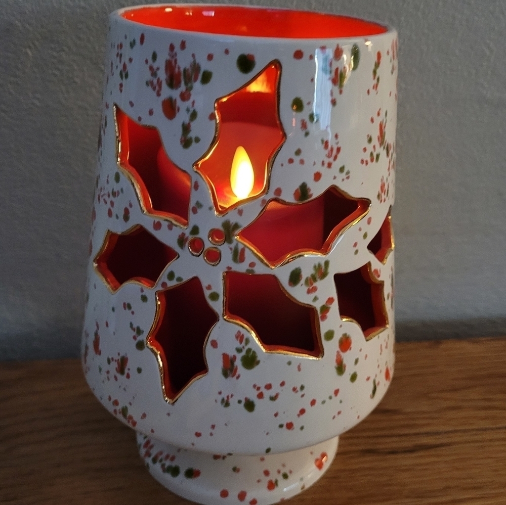Vintage Red White & Green Splatter Candle Holder - Picture 1 of 5